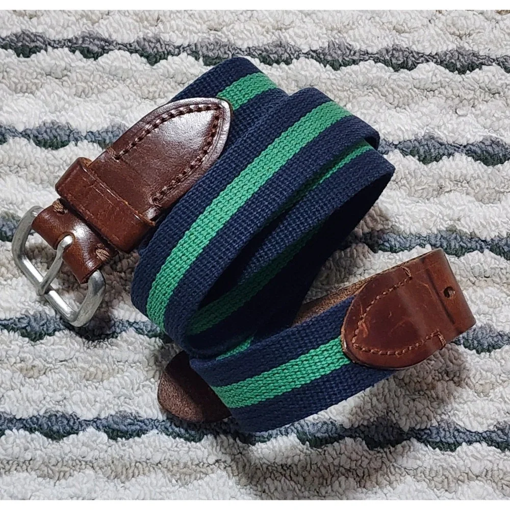 J Crew Men's Navy Green Woven Canvas Leather Belt Size 36